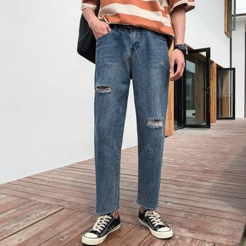Pendant Wide Leg Pants Straight Mens Jeans Handsome T Hole Scraping Loose Summer Thin Section Rotten Feet Ripped Jeans