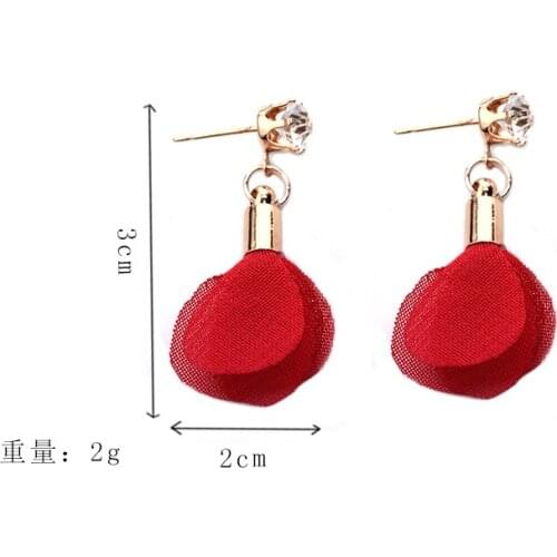2019 New Handmade fabric flower petals rhinestone tassel earrings sweet wild decorative earrings for women