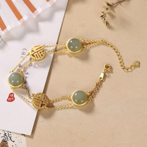 Original design natural Hetian jade round beads ingots two-hand chain Chinese retro charm womens brand silver jewelry