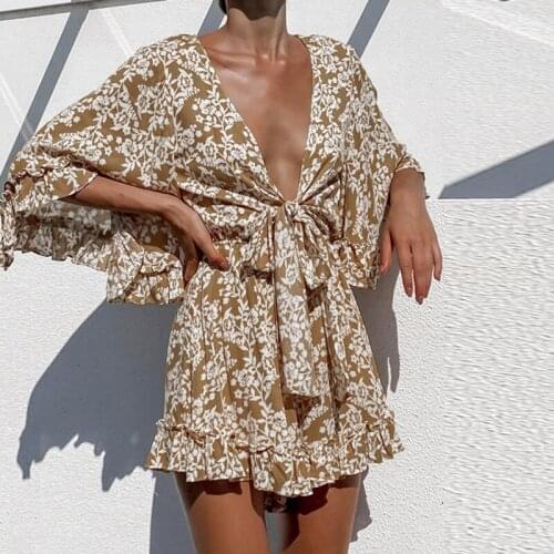 Floral Print Shorts Dress Women Summer Sexy Deep V Neck Lace Up Ruffles Sleeve Mini Dress Woman Casual Loose Short Pants Dresses
