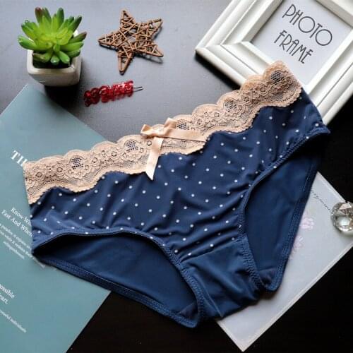 Sexy Lace Bow Girls Panties Polka Dot Printed Ice Silk Womens Underwear Breathable Low-Waist Cotton Crotch Briefs Lingerie