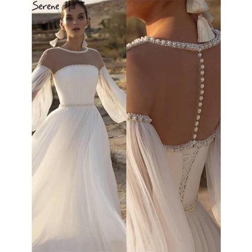 Serene Hill Ivory A-Line Sexy Evening Dresses Gowns 2021 Beaded Pearl Lantern Sleeve For Women Party LA71190