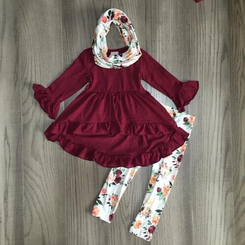 Girlymax Fall/winter baby girls 3 pieces scarf children clothes wine burgundy floral cotton outfits ruffles boutique pants