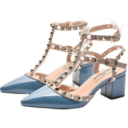 Ladies Patent Leather Stud Single Shoes 2 buckles T-Strap Shiny Pumps 5.5cm Pointy Toe Hand-Made Plus Size Shoes Wide Fitting 48