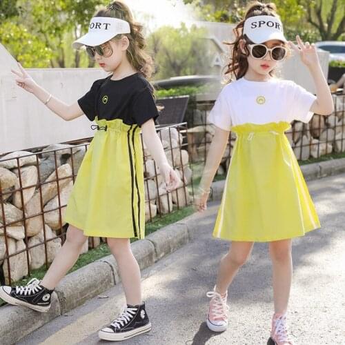Childrens Clothing Summer Short-Sleeve Little Girls Waist Fashion Black White Stitching A-Line Skirt 12 Years Boutique Outfits