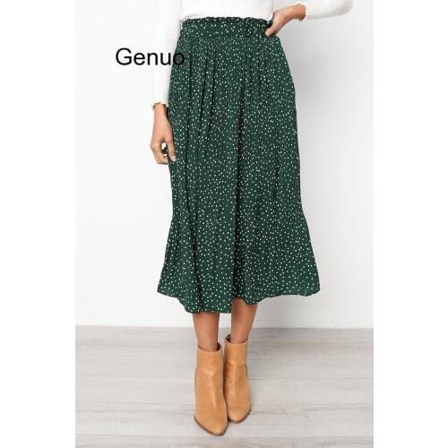 White Dots Floral Print Pleated Midi Skirt Women Elastic High Waist Side Pockets Skirts Summer 2020 Elegant Female Bottom