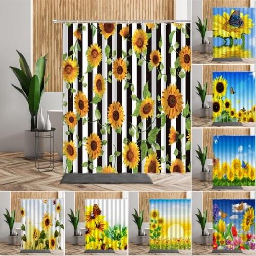 Sunflower Flower Butterfly Shower Curtain Set Black White Striped Blue Sky Bathroom Curtains Waterproof Home Bathtub Decoration