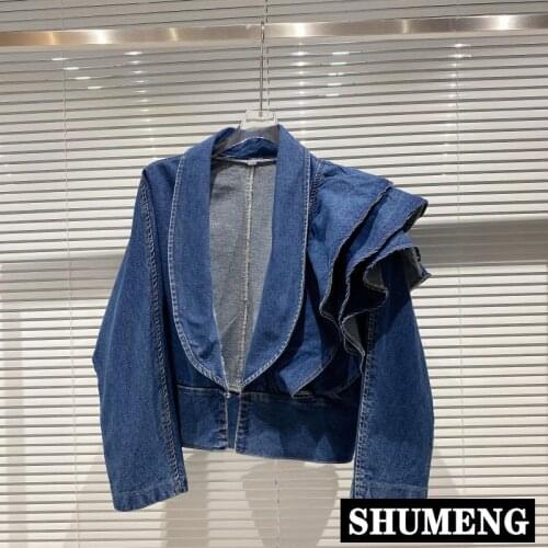 2020 Autumn New Fashion Ruffles Design V-neck Women Long Sleeve Denim Cropped Jacket Short Jean Coat High Waist Outwear