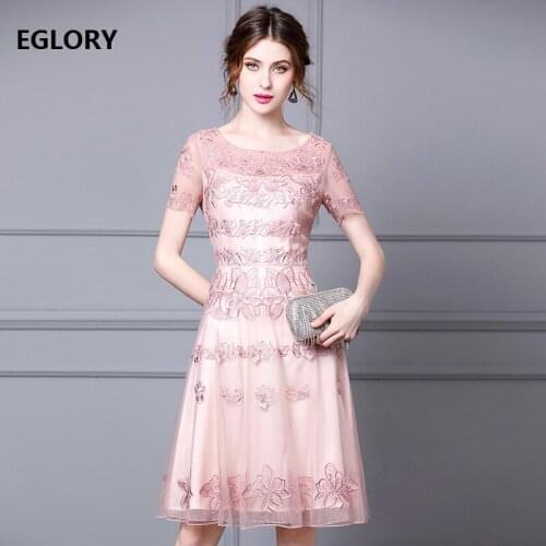 Top Quality New 2020 Summer Party Luxury Women O-Neck Exquisite Embroidery Short Sleeve Mid-Calf Length Blue Pink Dress XXXL