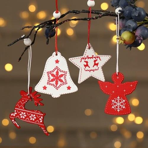 10 New Year Natural Wood Christmas Tree Pendants DIY Wooden Pendant Snowman Elk Bell Christmas Decoration