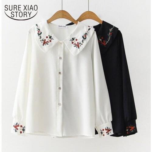 2021 Spring Vintage Embroidery Floral Blouses for Women Shirts Chiffon Blouse White Tops Lantern Long Sleeve Shirts Cute 13051