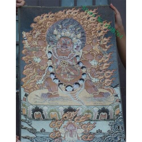 35 inch Tibet Silk embroidery Stand 6 Arms Mahakala Wrathful Deity Thangka Painting Mural