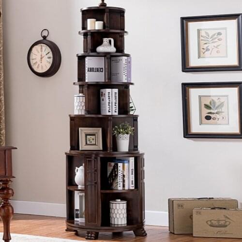 American Simple Solid Wood Shelf European-style Rotating Bookcase Living Room Small Bookcase Floor Bookcase Storage Rack
