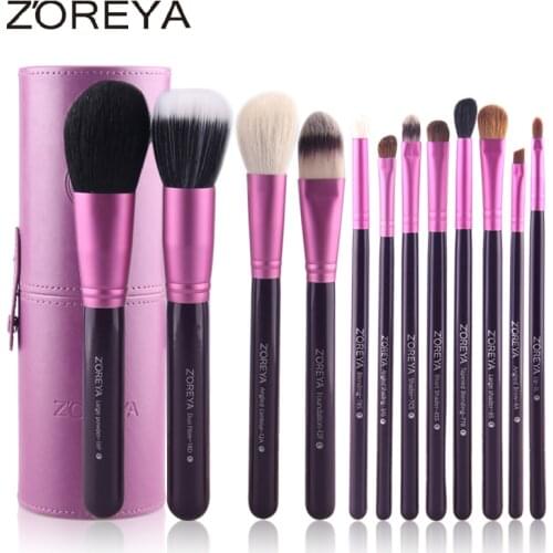Zoreya Brand 12pcs Natural Goat Hair Makeup Brushes Women Professional Cosmetic Tool Make Up Holder Powder Brush Set Animal Wool