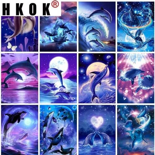 HKOK 5D DIY Diamond Painting Full Square Drill Dolphin Diamond Embroidery Cross Stitch Animals Rhinestone Mosaic Home Decor