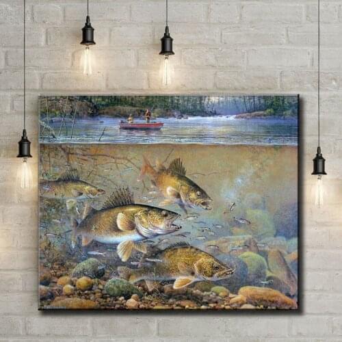 Cartoon animal fish river stone scenery oil painting canvas printings printed on canvas home wall art decoration pictures