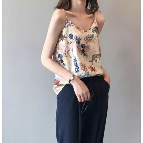 Tank Top Women Summer Satin Loose Plus Size Tropical Jungle Folk Style Print V-neck Shoulder Strap Halter Vest Female Undershirt