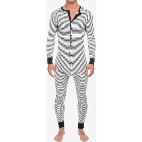 Fashion Mens Striped Jumpsuit Long Sleeve Round Neck Single Row Button Jumpsuit Tight Comfortable Overalls Mens Home Wear