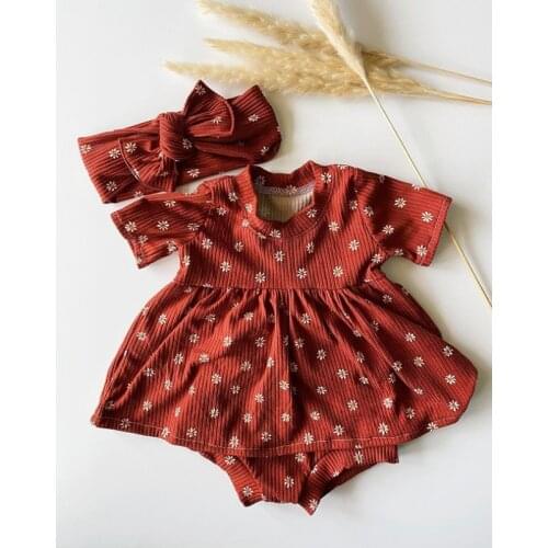 FOCUSNORM 3 Colors Newborn Baby Girls Clothes Sets 3pcs Flowers Printed Short Sleeve Dress Tops Shorts Headband 0-24M