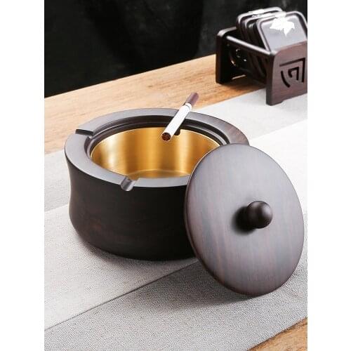 Retro round wooden ashtray Classic living room office golden copper ashtray Exquisite luxury