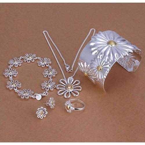 S314 silver color jewelry set, fashion jewelry set Chrysanthemum Ring Earrings Bangle Bracelet Jewelry Set