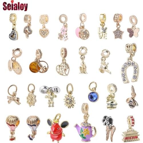 Seialoy Golden Flowers Dangle Charm Fit Bracelet & Necklace For Women Snake Bone Bracelets Accessory Charms Heart Beaded