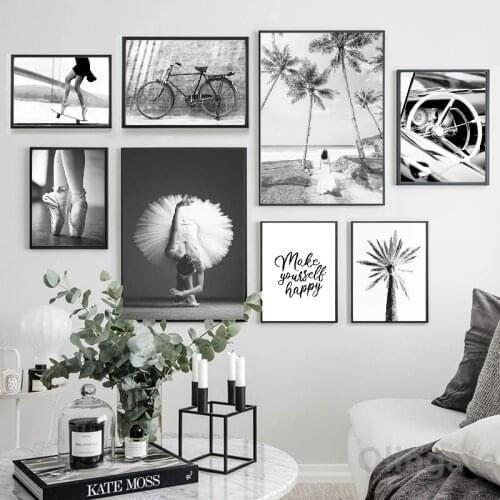 Modern Simplicity Ballet Girl Print Palm Tree Black White Fashion Wall Art Poster Canvas Painting Vintage Creative Picture Decor