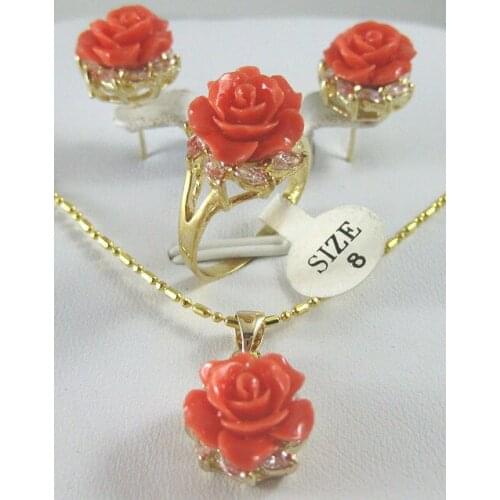 Fine quality jewelry wholesale good 12MM Pink Coral Carved Flower Earrings Ring Necklace Pendant 5.31 -jewelry