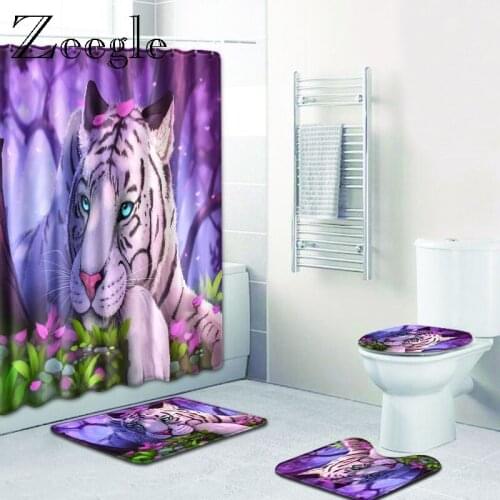 Zeegle Tiger Printed Bathroom Bath Mats With Shower Curtain Non Slip Shower Room Bathroom Carpet Toilet Floor Mat Bathroom Rugs
