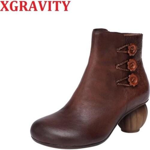 XGRAVITY Original New Fashion Casual Shoes Women High Heel Boots Lantern Heel Ball Heel Footwear Cow Leather Booties Lady Shoes