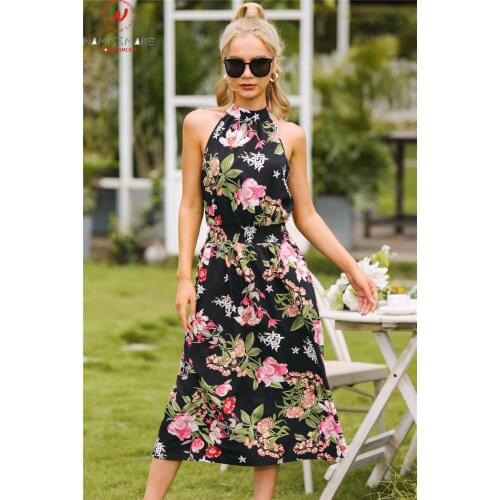 Women Summer Print A-Line Dress for Holiday Hollow Out Design Button Decor Halter Sleeveless Elastic Mid Waist Slim Dress