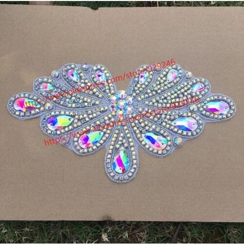 1 pc/lot big flower crystal neckline gorgeous AB glass rhinestone applique for dress garments collar ornaments clothes accessory