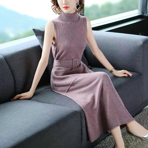 2021 New Fashion Womens Sleeveless Dress Knitting Female Spring And Autumn Casual Style Turtleneck Dresses