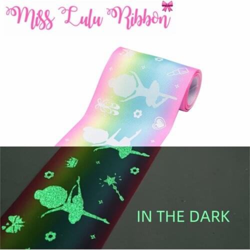 3"75mm White Ink Printing Glow in the Dark Cartoon Ballet Dancer Gradient Color Printed Grosgrain Ribbon DIY Bowknot 50yards/lot