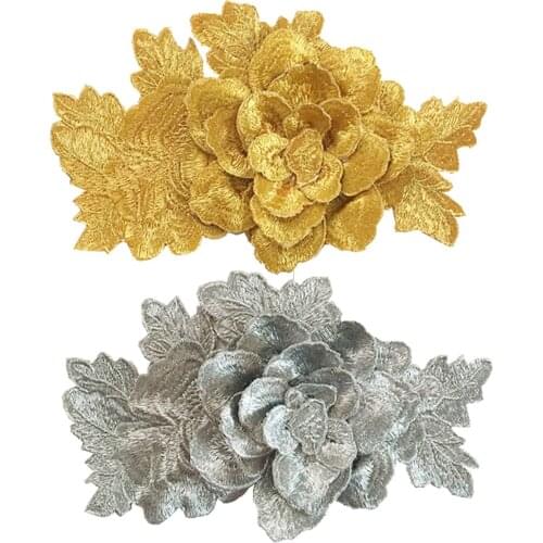 6pc 21x13cm 3D Flower Embroidered Patch Gold Flowers Embroidery Patches For Clothing Parches Applique Sewing Accessories AC0920