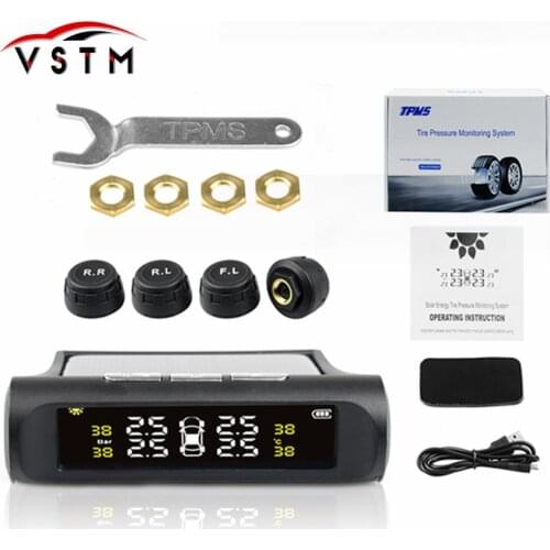 Car TPMS Tire Pressure Monitoring System Solar Charging Digital LCD Display Auto Alarm System Wireless With 4 External Sensors