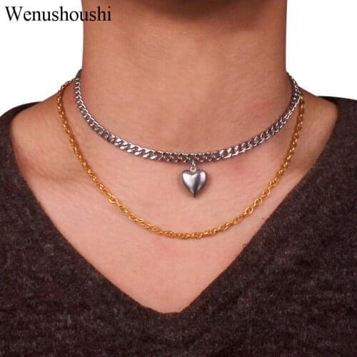 Stainless steel chain width 6mm Punk Miami Cuban Choker Necklace heart charm Collar women empty design heart charm rock jewelry