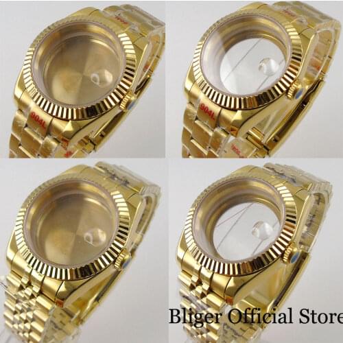Fit NH35A NH36A MIYOTA ETA 39mm Fluted Bezel Yellow Gold Coated Watch Case Jubilee/Oyster Band Screw Crown Glass Back/Solid Back