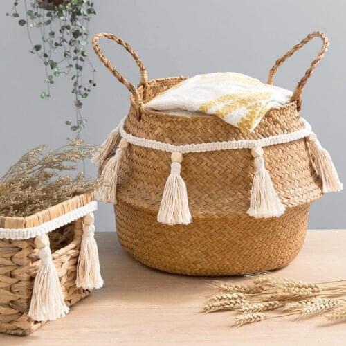 Boho Macrame Hand Woven Cotton Garland With Wooden Beads Tassel Belly Basket Decorations Home Wall Hangings Decoration Craft