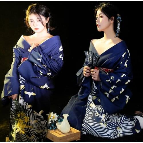 Japanese Style Kimono Women Crane Print Yukata Robes Elegant Evening Dress Oriental Bathrobes Vintage Vestidos Cosplay Costume