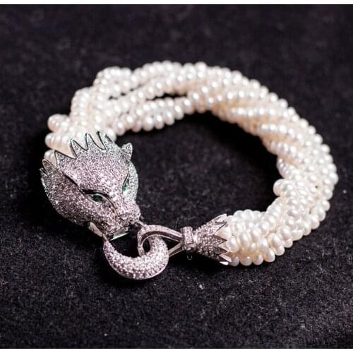Nice design 4-5mm natural freshwater pearl with charming zircon leopard head 21.5cm bracelet