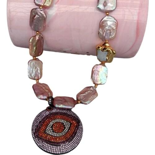 KKGEM 18" Cz Pave Evil Eye Gunmetal Plated Pendant Natural Freshwater pearl Purple Keshi Pearl Rectangle Shape Necklace