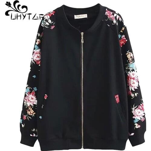 UHYTGF Oversize Women Coat Fashion Printed Long-Sleeved Outerwear Loose 4XL Plus SizeTops Casual Short Spring Autumn Jacket 1299