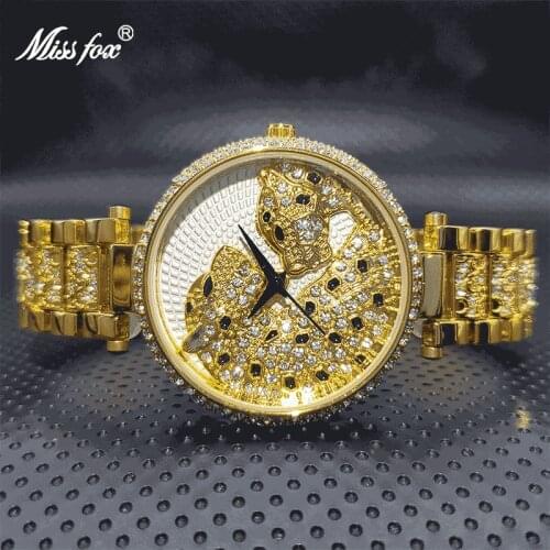 MISSFOX Women Fashion Gold Reloj Luxury Casual Leopard Dress Shiny Watch For Ladies with Diamond Waterproof Watches Wholesale