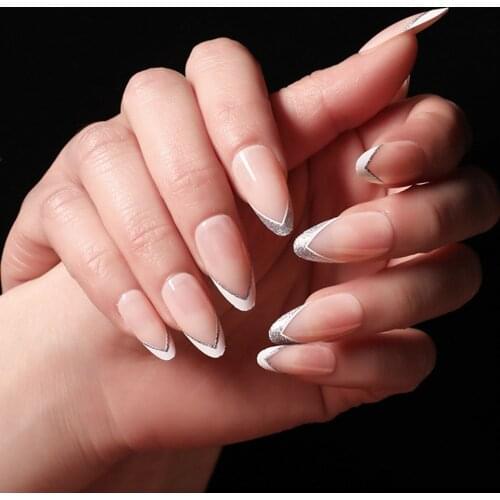 Stick on nails with design Water drop nails Simple silver onion nails White French false nails Nail patch TY