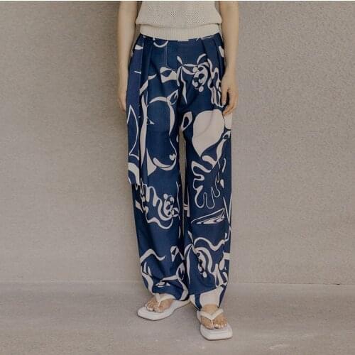 2021 Spring and Autumn New Simple High-waist Art Graffiti Printing Casual Loose Lace Up All-match Straight-leg Pants Women