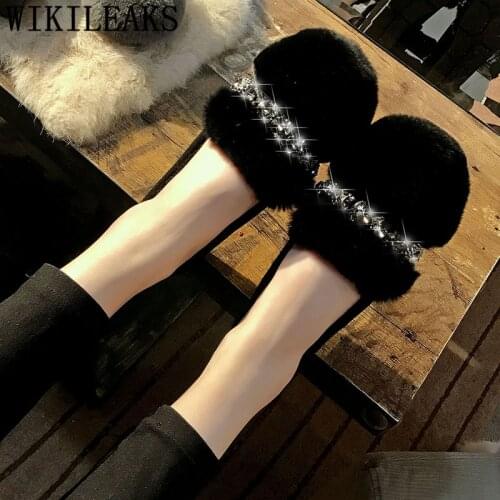 Flat Shoes Women Fur Slip On Crystal Luxury Women Shoes Autumn Winter Shoes Women Ladies Loafers Women Rhinestone Big Size 44