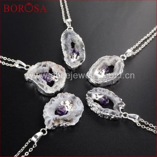 BOROSA Silver Color Freeform Natural Onyx Druzy Crystal Slice Pendant Inlay Natural Purple Crystal Necklace WX008-N