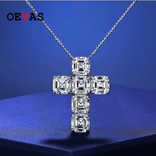 OEVAS 100% 925 Sterling Silver 7*7mm High Carbon Diamond Cross Pendant Necklace For Women Sparkling Wedding Party Fine Jewelry