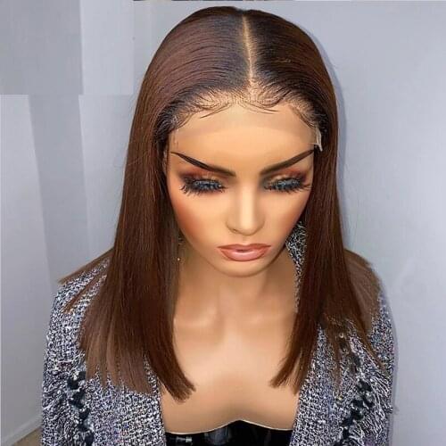 PAFF Ombre Brown 1b/4 13*4 Lace Front Human Hair Wig Straight Short Bob Pre Plucked Hair Line Brazilian Remy Hair Bleached Knots